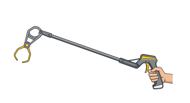 Human hand squeezing the trigger of a long mechanical reacher grabber tool with yellow claws for picking up objects easily.