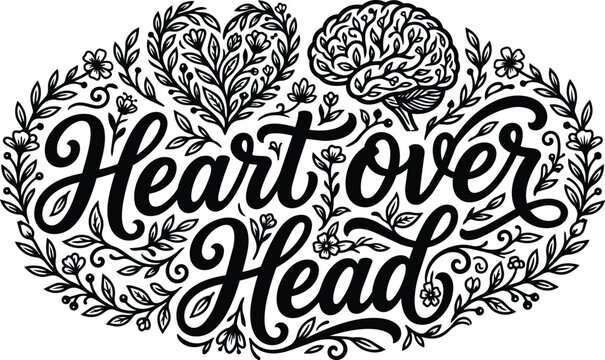 Floral vector typography heart over head design with brain motif