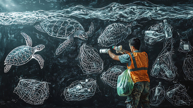 Diver collects ocean trash while sea turtles swim nearby underwater scene