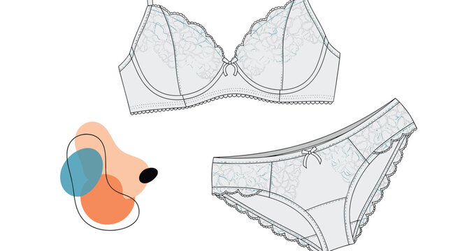 Fashion technical drawing of a feminine lingerie set consisting of a lace bra and matching panties with delicate floral patterns.