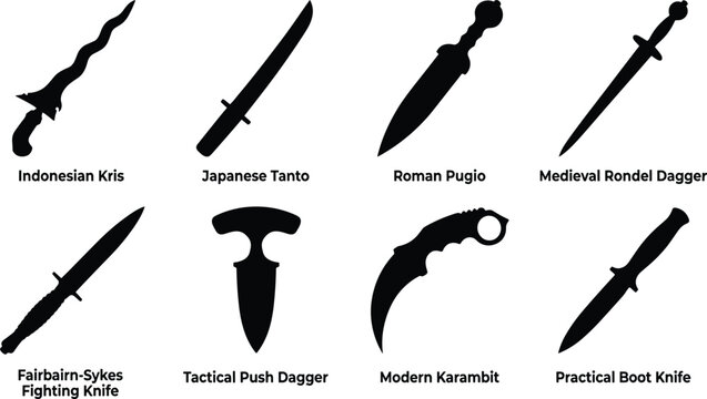 Collection of historical and modern knife silhouettes representing various types of combat blades and daggers
