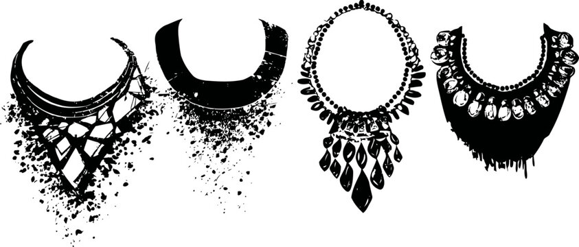 Stylish black necklace silhouettes with jewel and fringe designs, elegant fashion accessories set