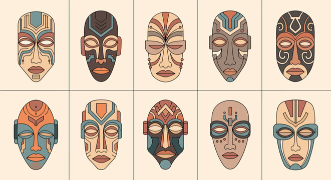 Collection of ten colorful tribal masks with intricate geometric patterns and diverse designs on a warm beige background.
