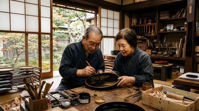 Authentic senior Japanese artisans meticulously applying traditional gold powder Urushi lacquerware technique in a rustic Kyoto workshop studio