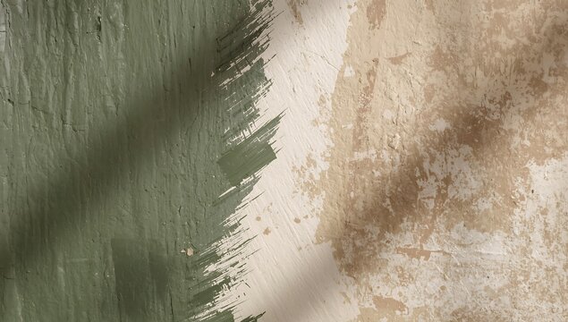 Hand painted sage green brush stroke on old distressed concrete wall with harsh diagonal shadow concrete abstract