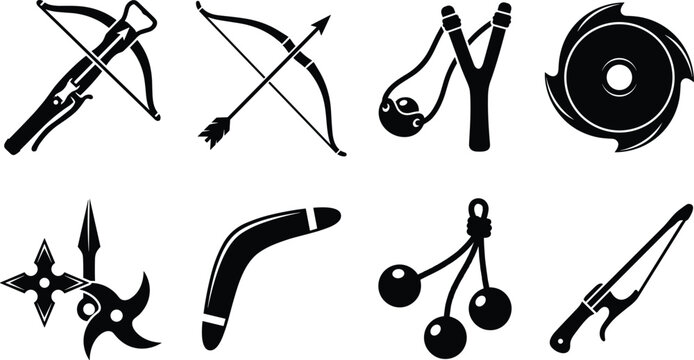Set of black and white silhouette icons representing various historical and traditional projectile weapons and tools