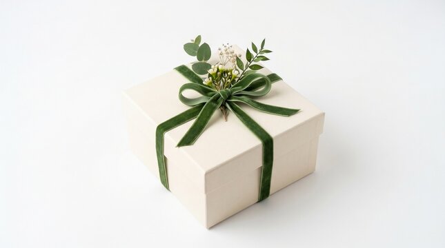 Elegant Cream Gift Box Tied with Deep Green Velvet Ribbon and Decorated with Natural Greenery and White Flowers