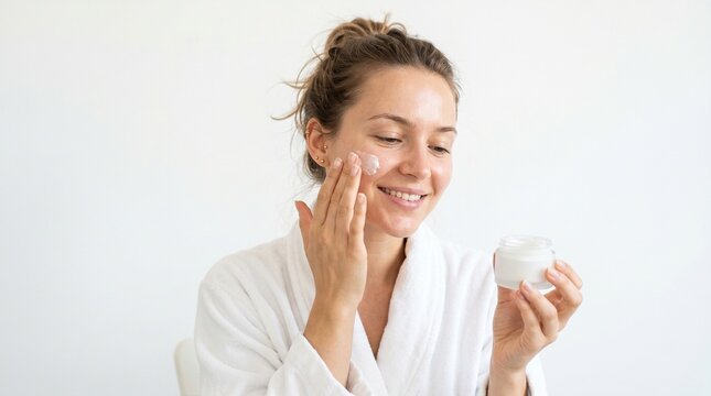 Young woman applying facial cream for skincare routine in a white bathrobe