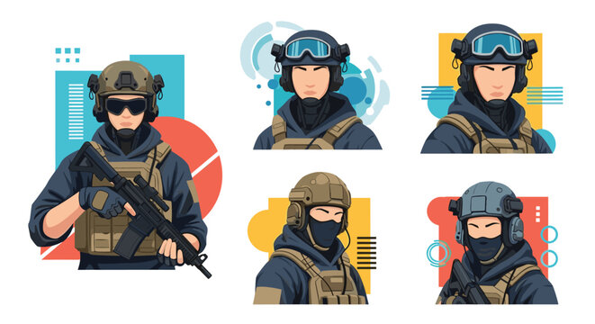 Set of tactical soldiers and special forces characters in full gear with helmets goggles and modern assault rifles.