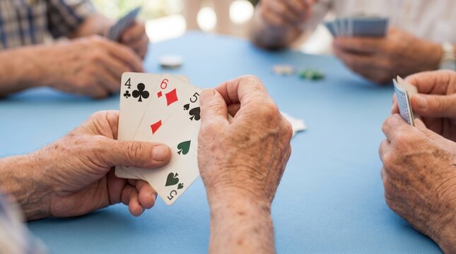Close-up of senior hands holding playing cards at a table, showing 4 of clubs, 6 of diamonds, and 5 of spades while others play in the background