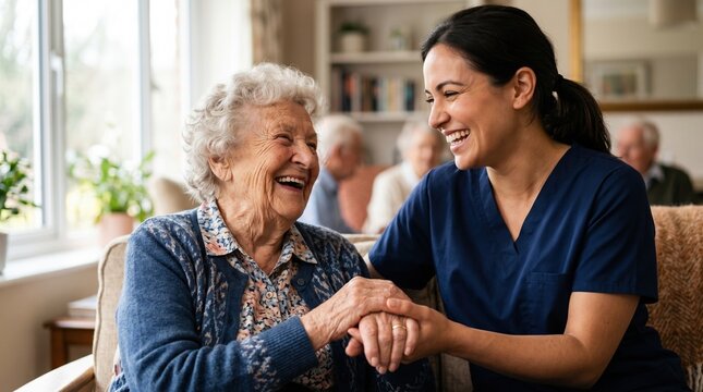 Smiling caregiver in scrub top holds hands with laughing elderly woman in cozy care home lounge; other seniors sit chatting in soft daylight by window