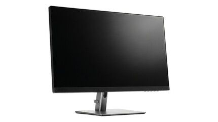 Black widescreen computer monitor with slim bezels and adjustable metal stand isolated on transparent png. © Isolated_png