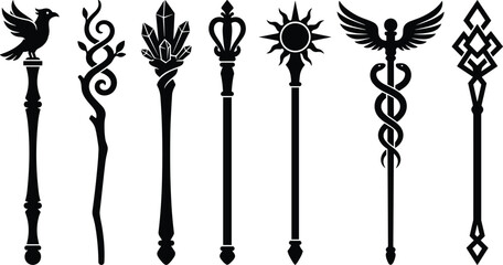 Set of fantasy magic wands and wizard staffs silhouette collection for gaming and design projects © SREE