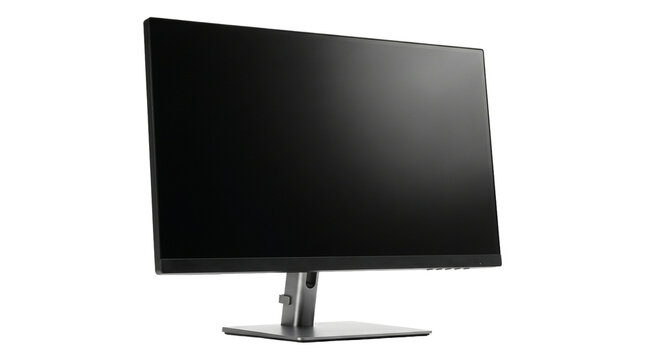 Black widescreen computer monitor with slim bezels and adjustable metal stand isolated on transparent png.