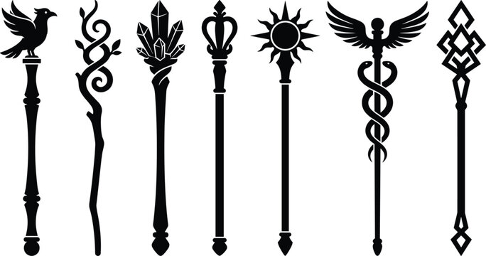 Set of fantasy magic wands and wizard staffs silhouette collection for gaming and design projects
