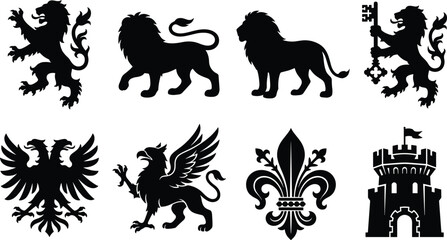 Set of Heraldic Silhouettes Featuring Lions, Griffins, Double Headed Eagle, Fleur De Lis and Castle © SREE