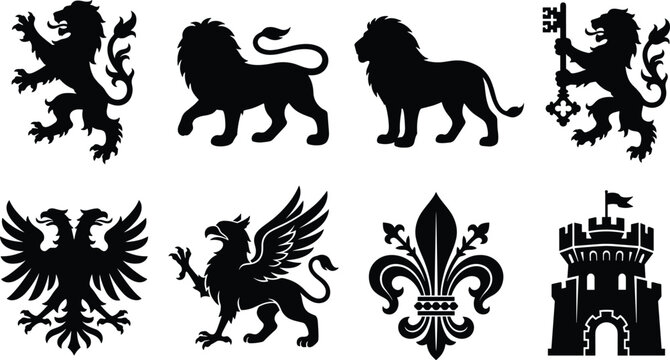 Set of Heraldic Silhouettes Featuring Lions, Griffins, Double Headed Eagle, Fleur De Lis and Castle