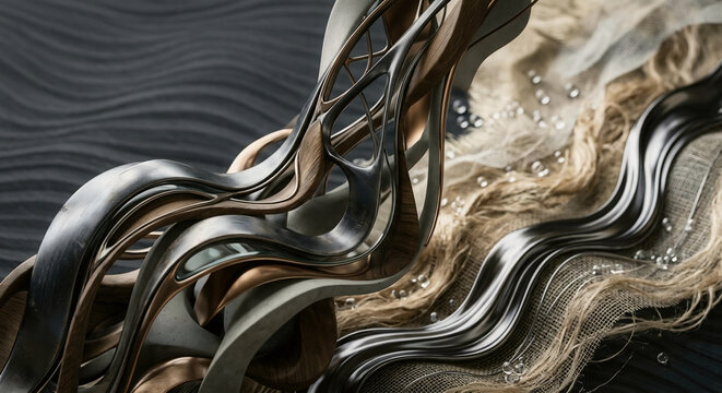 Abstract bionic sculpture with fluid metallic waves and organic wooden textures on dark background