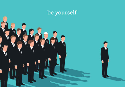 A group of businessmen in black suits standing together with one man standing alone on turquoise background with be yourself text