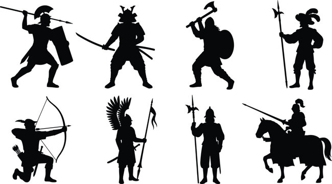 Set of historical warrior silhouettes featuring ancient soldiers knights and medieval fighters in various combat poses