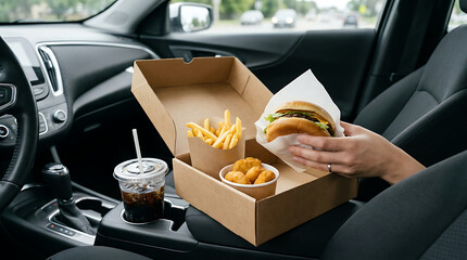A person holding a chicken burger inside a car with a cardboard box containing fries and chicken nuggets and a soda cup in the cup holder tray