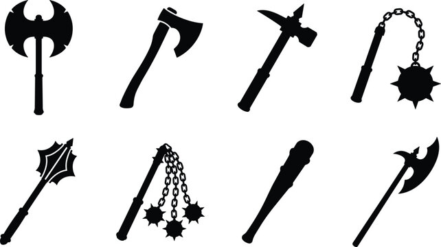 Set of medieval and fantasy weapon silhouette icons for game design and historical illustrations