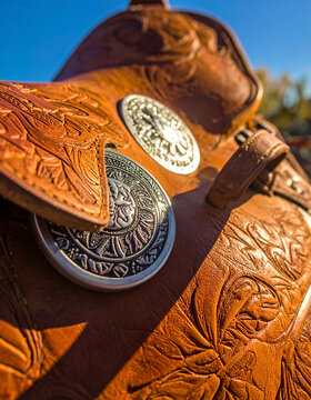 Detail of hand-tooled leather on a western saddle showing floral patterns and heavy silver conchos in the bright afternoon sun.