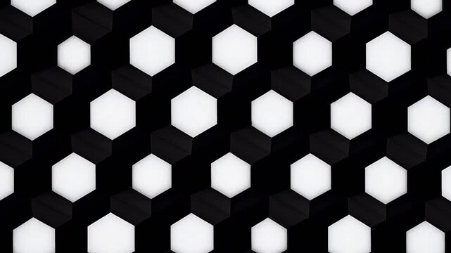 Black hexagonal grid pattern with white background and geometric perspective