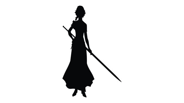 Warrior woman in a flowing gown holds a long spear firmly while standing in a powerful and ready defensive stance.