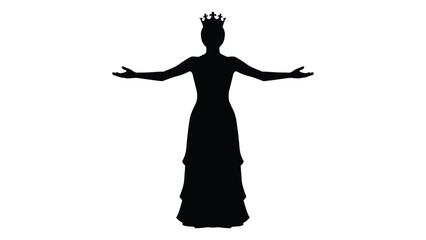 Queen wearing a crown stands with her arms outstretched to welcome her subjects in a grand and elegant gesture. © Sadee Girl