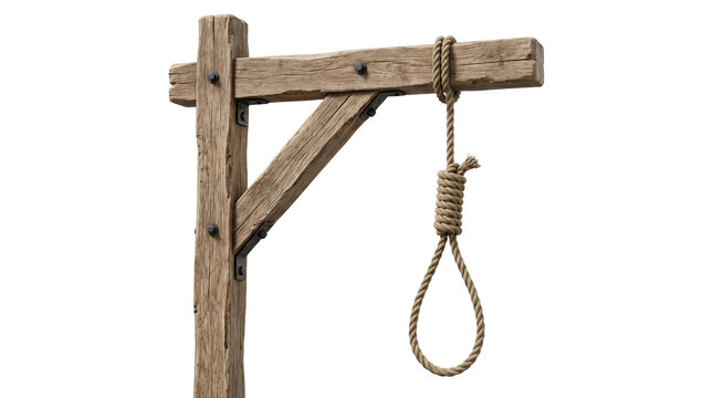 Old rustic wooden gallows post with tied rope noose used for historic punishment isolated on transparent png.