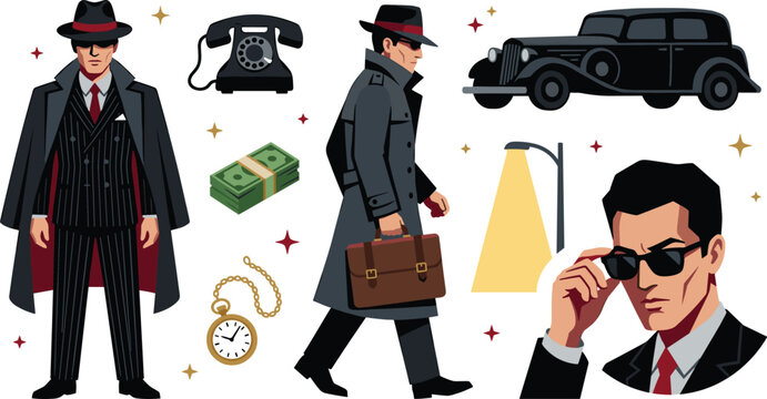 Retro Mafia Mobster and Spy Character Vector Illustration Set with Vintage Car, Trench Coat, Fedoras, Cash Money, Pocket Watch, and Rotary Phone Elements