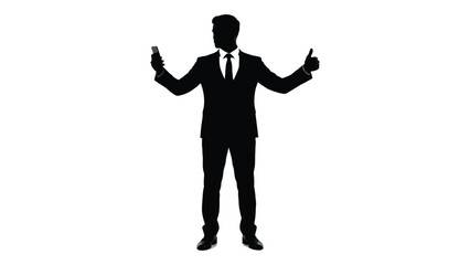Businessman wearing a formal suit stands while holding a mobile device and gesturing with his other hand to present information. © Sadee Girl