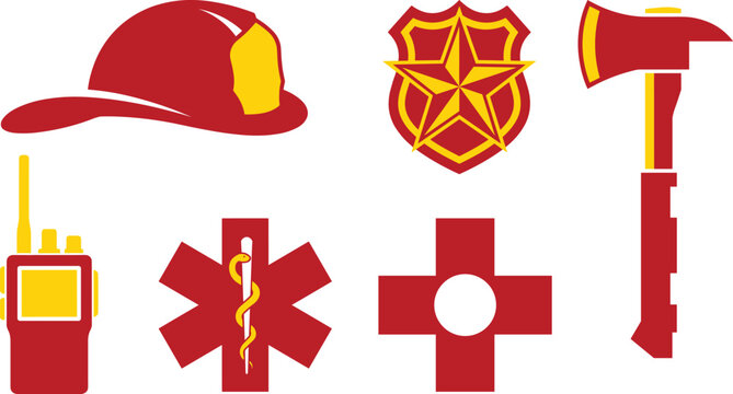 Emergency services icon collection featuring firefighter helmet, badge, axe, radio, medical star, and cross in bold red and yellow vector illustration for safety design