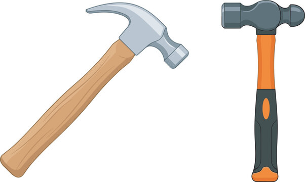 Hand tools hammer vector illustration set with classic wooden claw hammer and ball peen hammer on white background