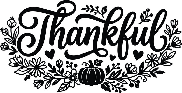 Thankful vector art with floral pumpkin wreath for thanksgiving decor in black and white