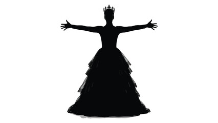 Princess silhouette wearing a royal crown stands with wide open arms while wearing a layered skirt gown. © Sadee Girl