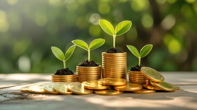 Gold coins stacked coins plants small plants on soil dirt