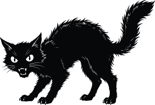 Hissing black cat silhouette vector graphic with arched back and sharp claws for Halloween design
