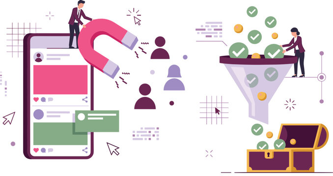 Inbound Lead Generation and Sales Funnel Vector Concept with Business Characters Magnet Smartphone and Treasure Chest for Digital Marketing Layouts