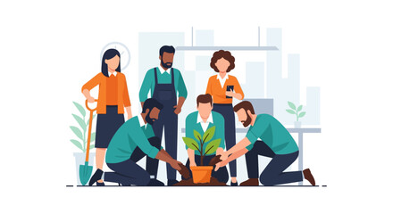 Fototapeta premium Diverse Professional Team Planting a Tree: Concept of Business Growth, Sustainability, and Teamwork in Modern Workplace Office Environment