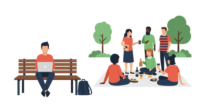 Social Isolation vs Connection: Man Working Alone on Laptop while Group of Friends Enjoy Picnic in Park. Flat Vector Illustration of Loneliness, Work, and Community.