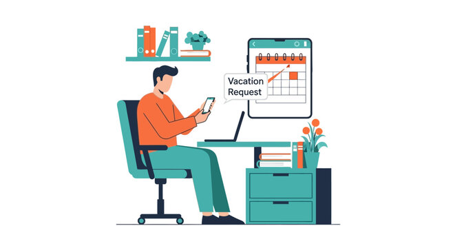 Employee Submitting Vacation Request on Smartphone in Modern Office Setting, HR and Leave Management Illustration