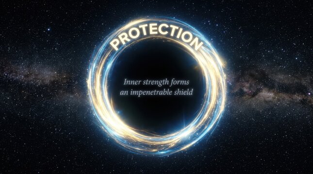 Cosmic protection ring with inner strength text