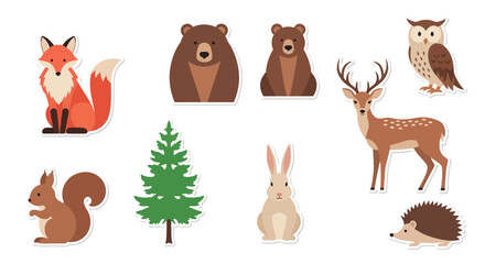 Fototapeta premium Cute Forest Animals and Tree Vector Illustrations Set