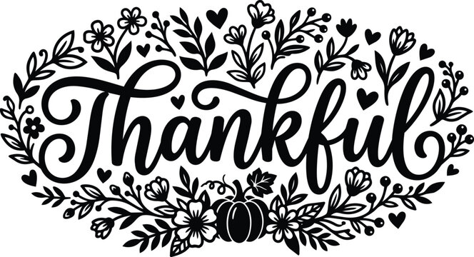 Hand drawn thankful thanksgiving floral border typography with pumpkin and leaves ornate vintage