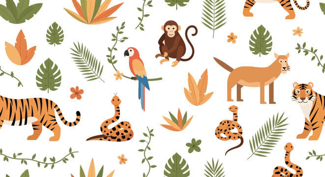 Jungle Animals Pattern: Tiger, Monkey, Parrot, Snake, Panther, Tropical Leaves