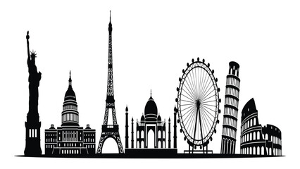 World monuments are arranged in a horizontal black silhouette layout for travel themes. © Sadee Girl