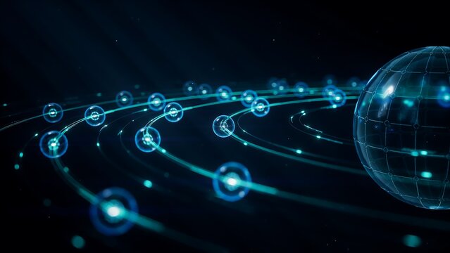 Glowing blue globe with swirling lines and orbs on a dark background, 3d globe wireframe globe glowing lines