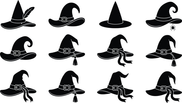 Set of black witch hat silhouettes with buckles and ribbons for Halloween and magic design projects